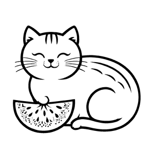 Glückliche Katze neben saftiger Galiamelone Ausmalvorlage für neugierige Obstentdecker