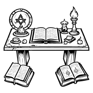 Bezaubernder Marmortisch mit offenen Büchern und Deko-Ausmalbild für kreative Köpfe