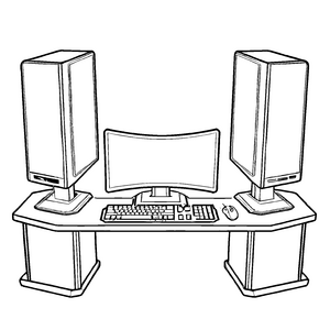 Beeindruckender Gaming-Tisch mit Tastatur und Lautsprechern Ausmalbild für kreative Gaming-Entdecker