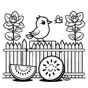 Kleiner Vogel auf saftiger Wassermelone Malvorlage für fröhliche Obstakrobaten