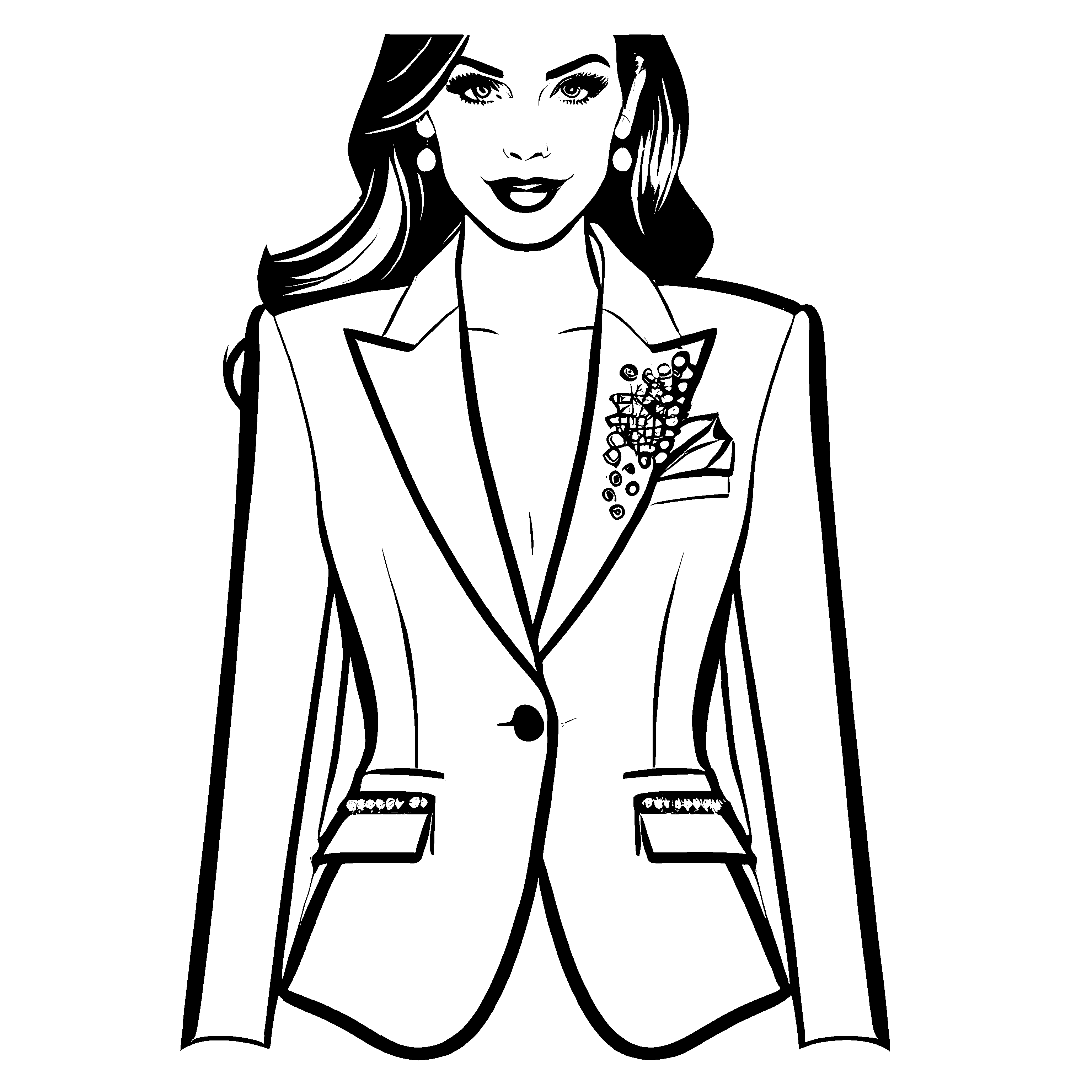 Charmanter Damen-Blazer mit blühendem Detail Ausmalvorlage für kreative Modeverliebte