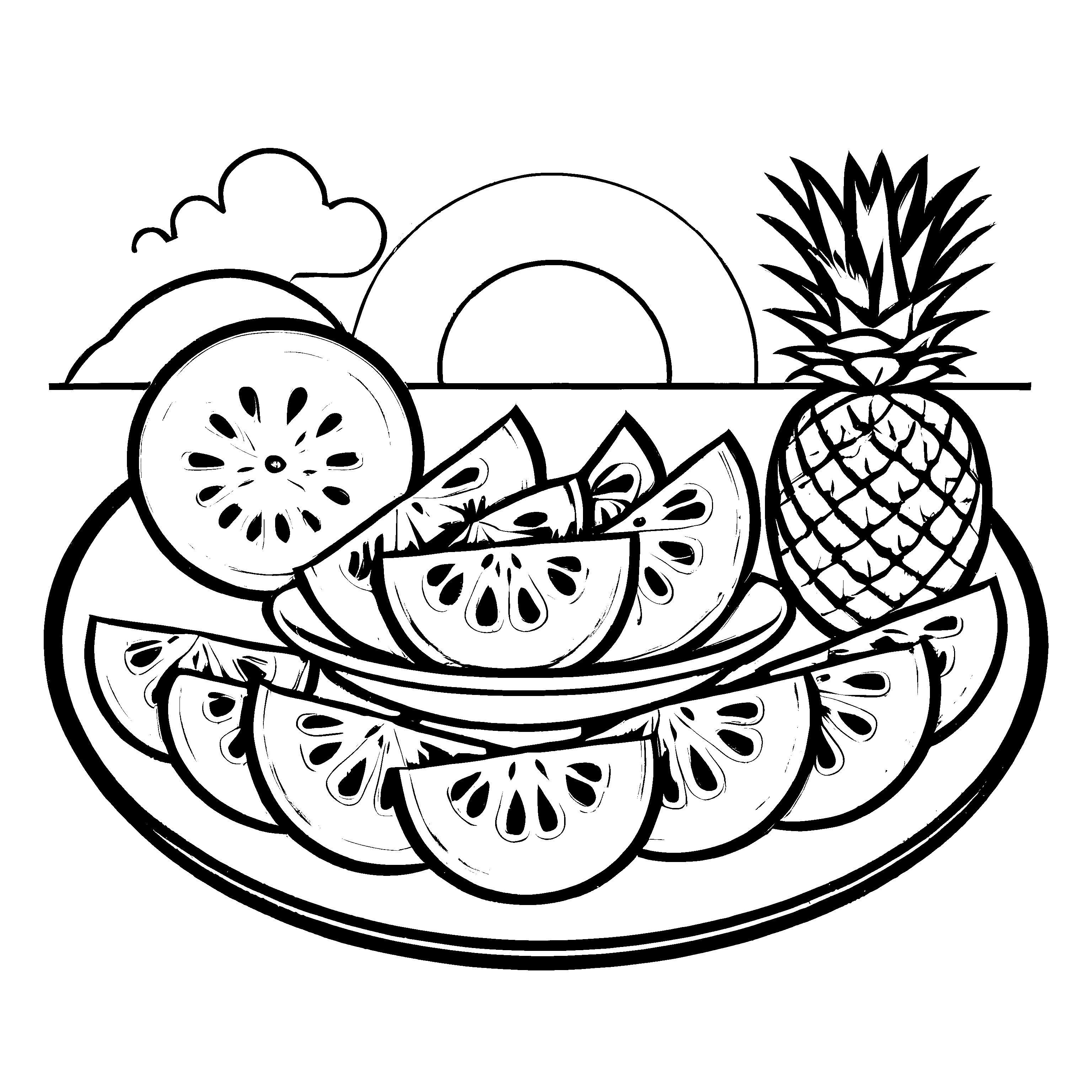 Sonnige Wassermelonenstücke auf einem Teller Malvorlage für fröhliche Farbenthusiasten