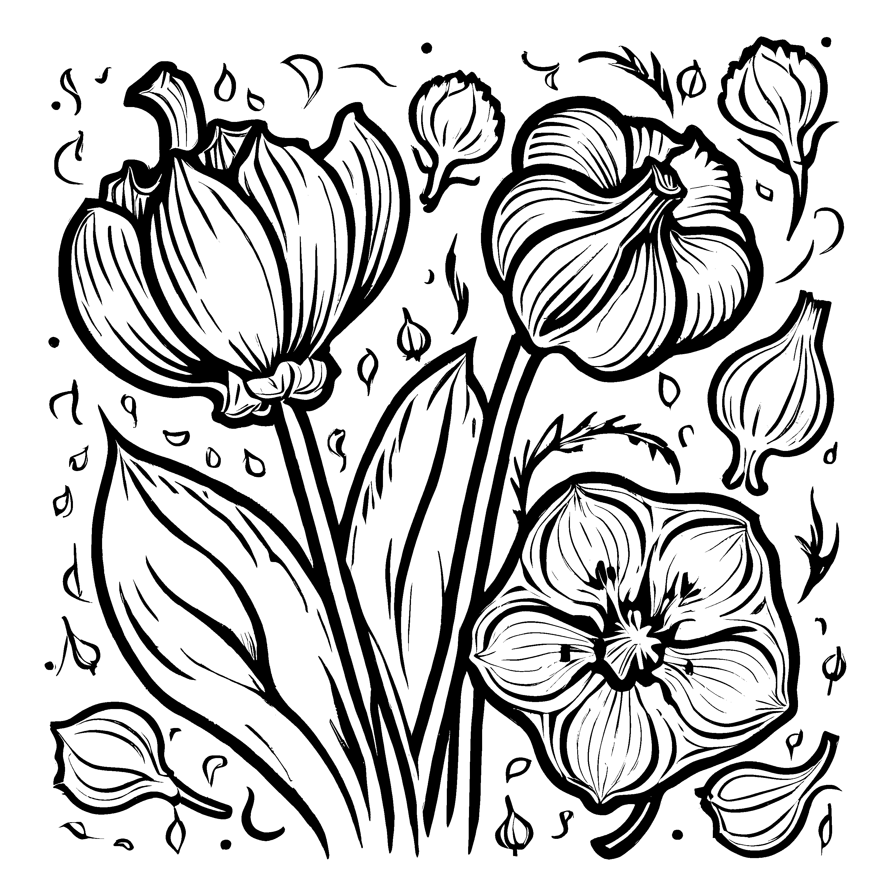 Wunderschöne Knoblauchblüten mit lebhaften Blättern Ausmalvorlage für fantasievolle Gärtner
