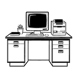 Bezaubernder Schreibtisch mit Computer und Pflanzen Malvorlage für kreative Köpfe in Aktion