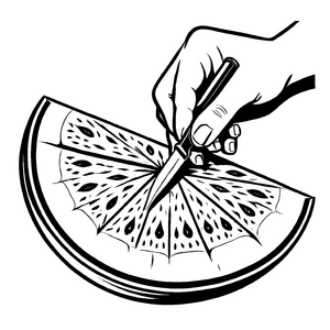 Saftige Wassermelone mit schneidender Hand Ausmalbild für fantasievolle Fruchtkünstler