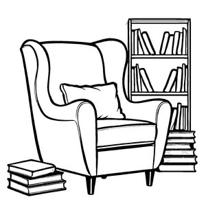 Gemütlicher Lesesessel vor prall gefülltem Bücherregal Ausmalbild für stolze Bücherwürmer