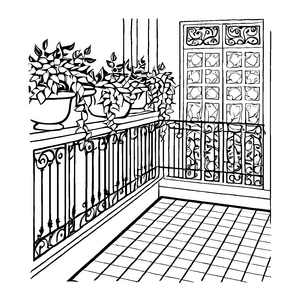 Kreativer Balkon mit üppigen Pflanzen und filigraner Balustrade Ausmalbild für neugierige Gartenforscher