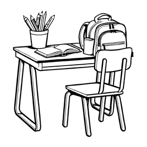 Einladender Schreibtisch mit Bücherstapel und Pflanzen Ausmalmotiv für wissenshungrige Entdecker