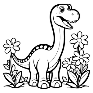 Bezaubernder Diplodocus umgeben von blühenden Pflanzen Ausmalbild für kleine Entdecker mit großem Pioniergeist