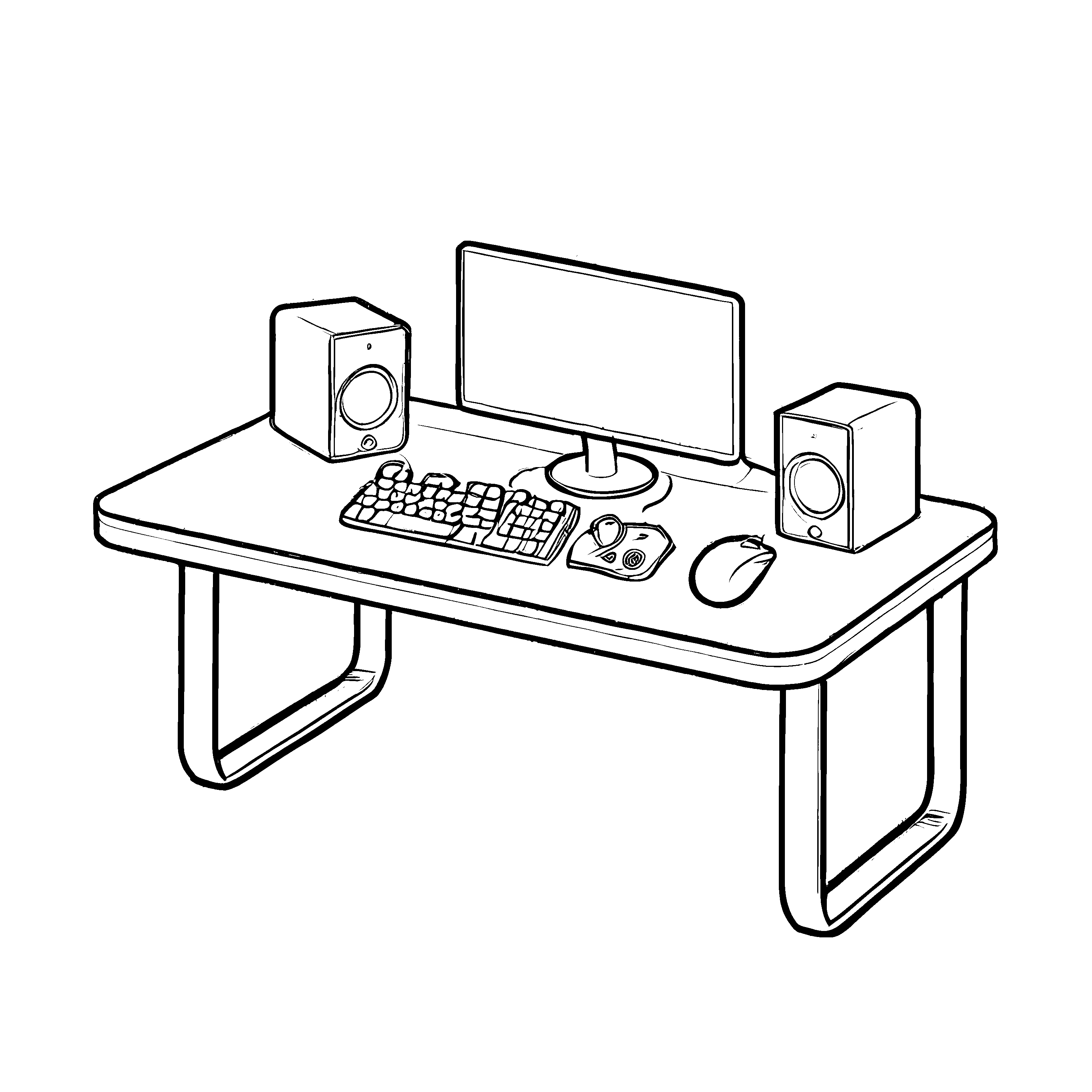 Stylischer Gaming-Tisch mit riesigem Monitor und Lautsprechern Ausmalmotivation für junge Technikhelden