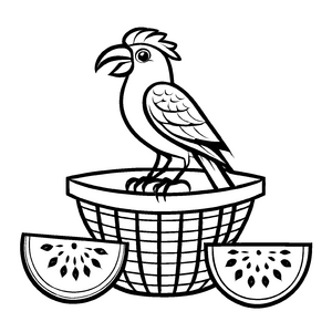Fröhlicher Vogel mit erfrischenden Wassermelonen im Korb Ausmalmotiv für kleine Obstkünstler