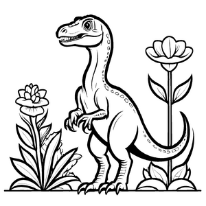 Entzückender Velociraptor neben strahlender Blume Ausmalvorlage für kleine Naturfreunde