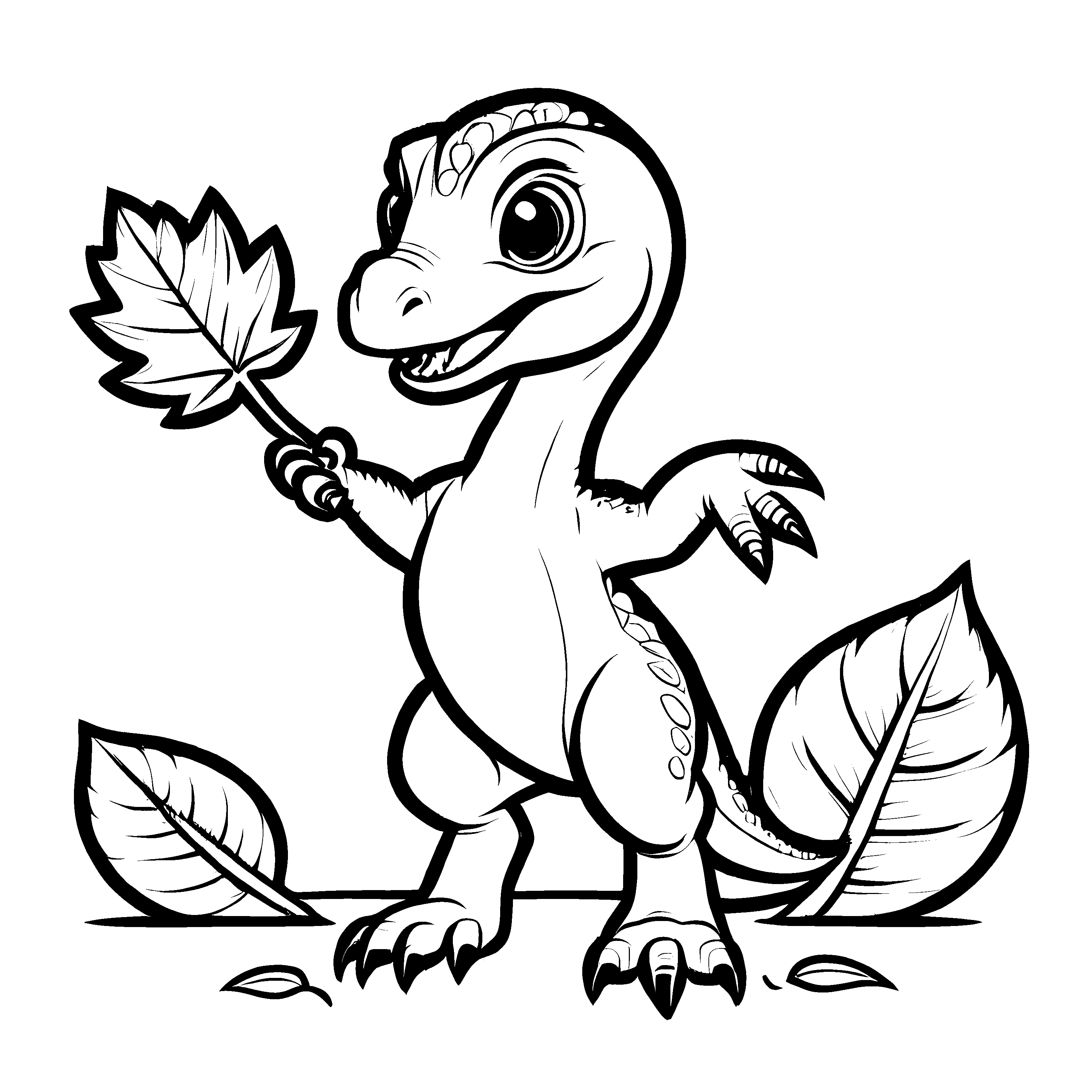 Neugieriger Velociraptor mit buntem Blatt Ausmalbild für junge Dino-Entdecker