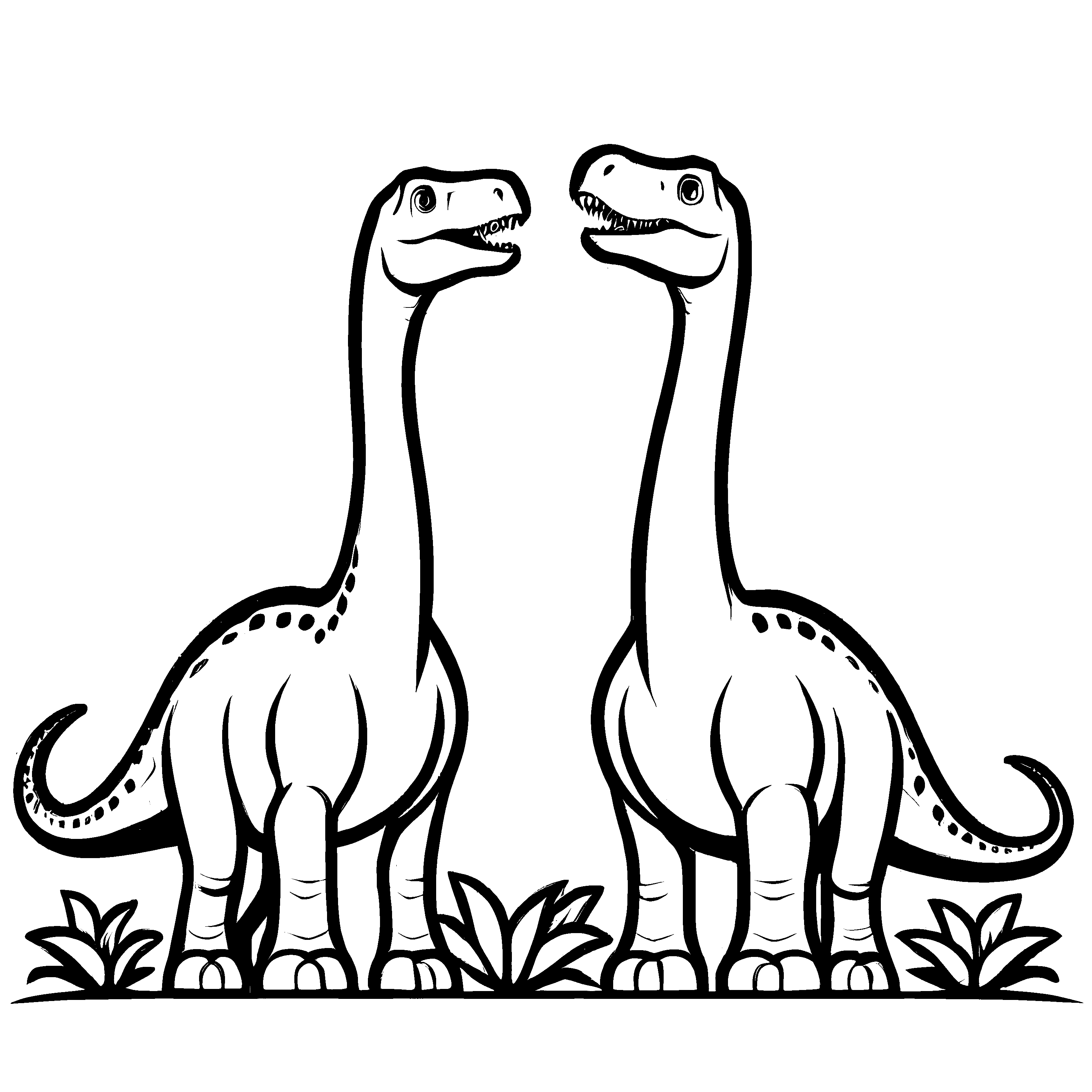 Zwei neugierige Brachiosaurusse im saftigen Feld Malvorlage für abenteuerliche kleine Naturforscher