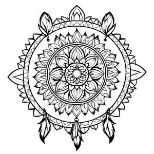 Fantasievolles Mandala-Mix mit schillernden Federn Ausmalbild für neugierige Kunstentdecker
