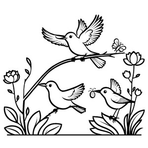 Drei verspielte Vögel auf einem Ast Malvorlage für fantasievolle Tierliebhaber