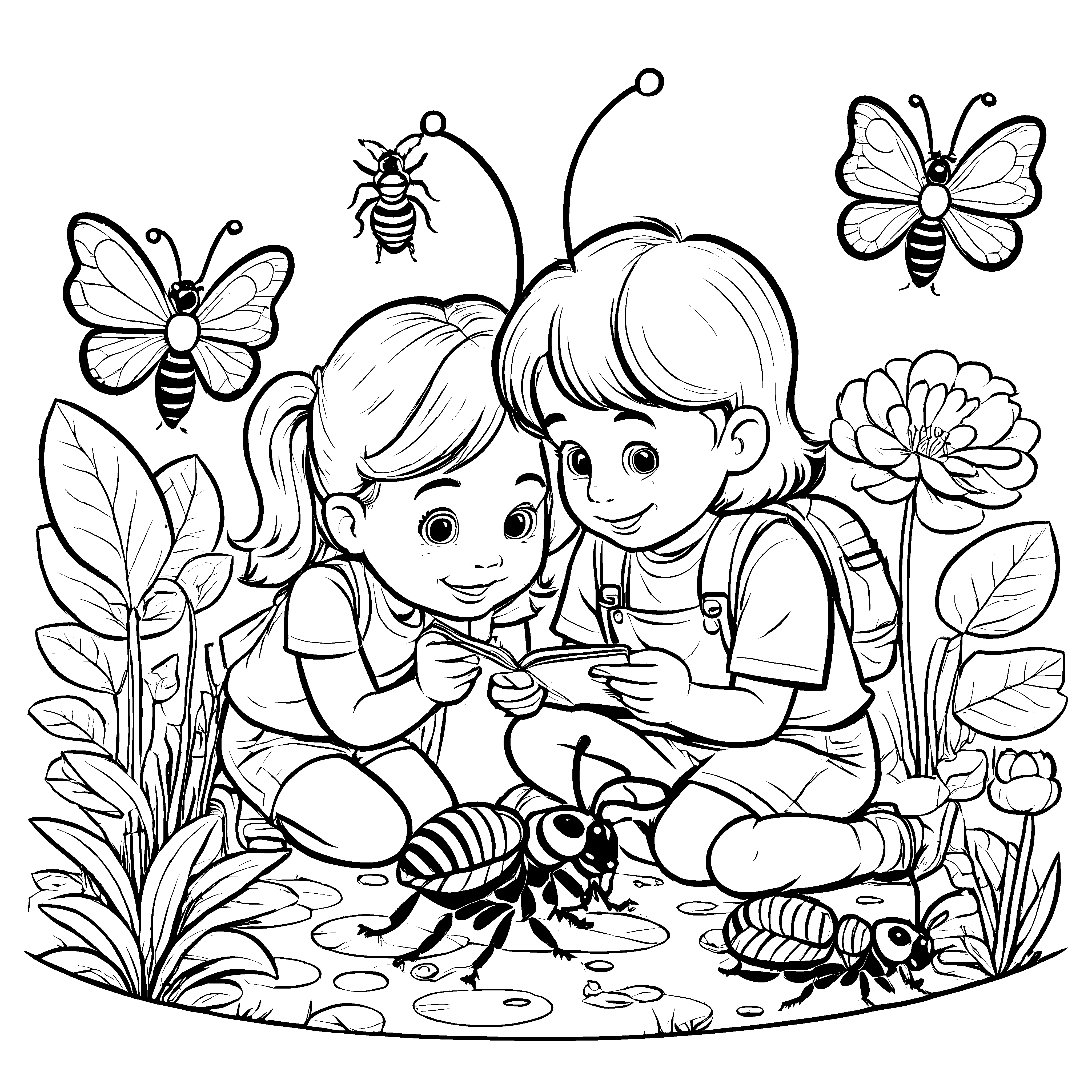 Tolle Kinder mit Schmetterlingen und Käfer Malvorlage für kleine Entdeckerherzen