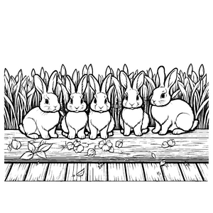 Sechs bezaubernde Häschen auf einem Holzbrett Ausmalvorlage für kleine Tierfreunde