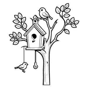 Fantasievolles Vogelhaus mit neugierigen Vögeln und Saat Ausmalmotiv für kreative Naturliebhaber