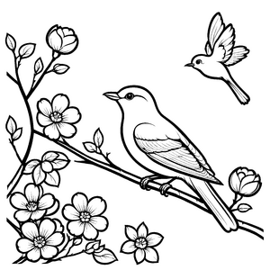 Faszinierender Vogel auf Ast mit zarten Blüten Ausmalmotiv für neugierige Sammler von Farben