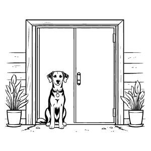 Schwarz-weißer Hofhund vor der Tür Malvorlage für kleine Entdecker