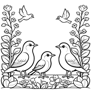 Drei elegante Vögel im Blumenarrangement Malvorlage für fantasievolle Entdecker