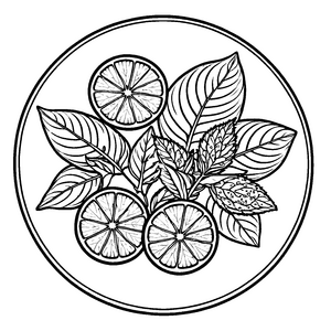 Künstlerische Anordnung von Zitronen und Shiso-Blättern Ausmalbild für fantasievolle Entdecker