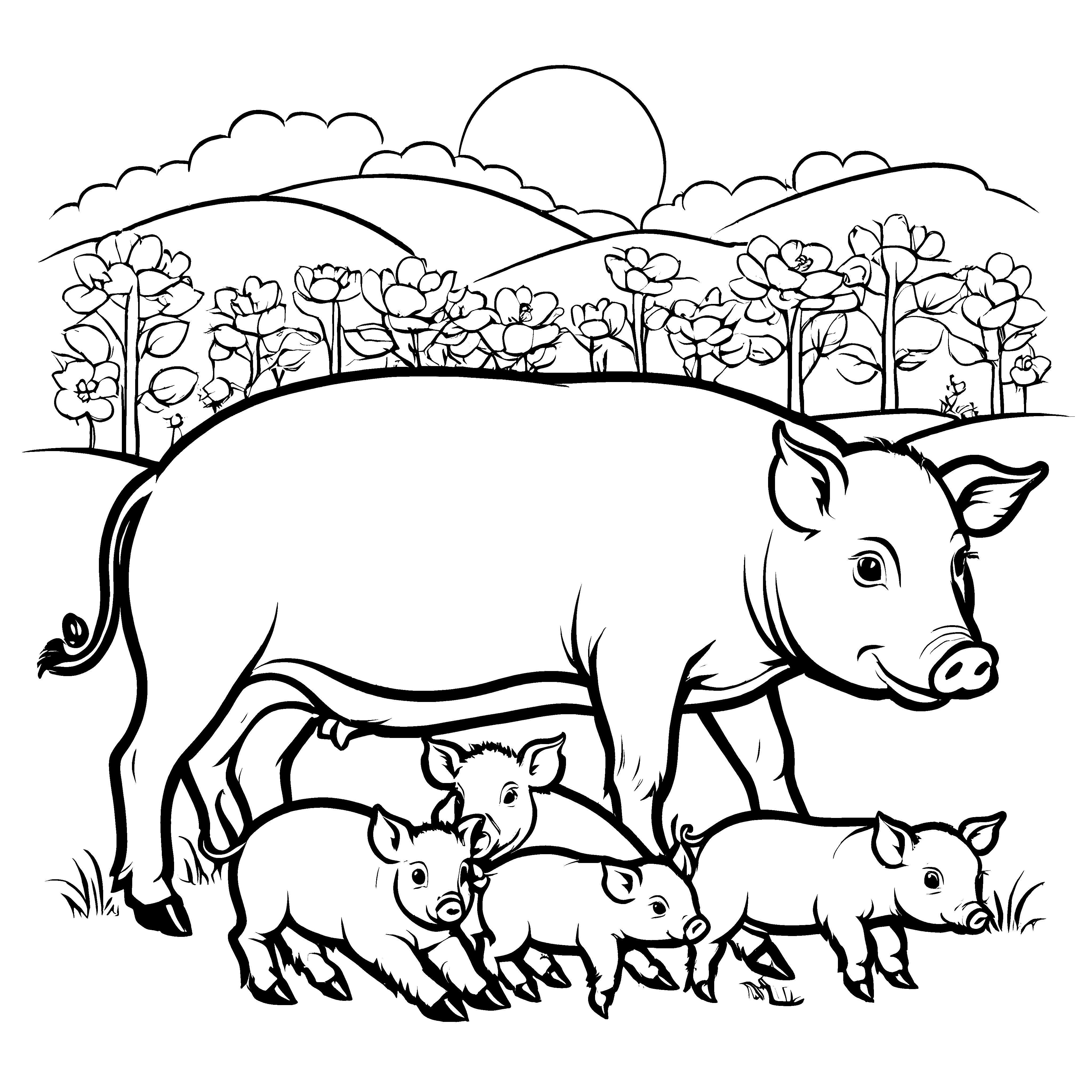 Herzige Ferkel mit ihrer Mama Ausmalbild für kleine Tierfreunde