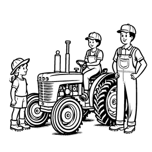 Traktor mit fröhlichen Kindern und einem Erwachsenen Ausmalvorlage für aufgeschlossene kleine Abenteurer