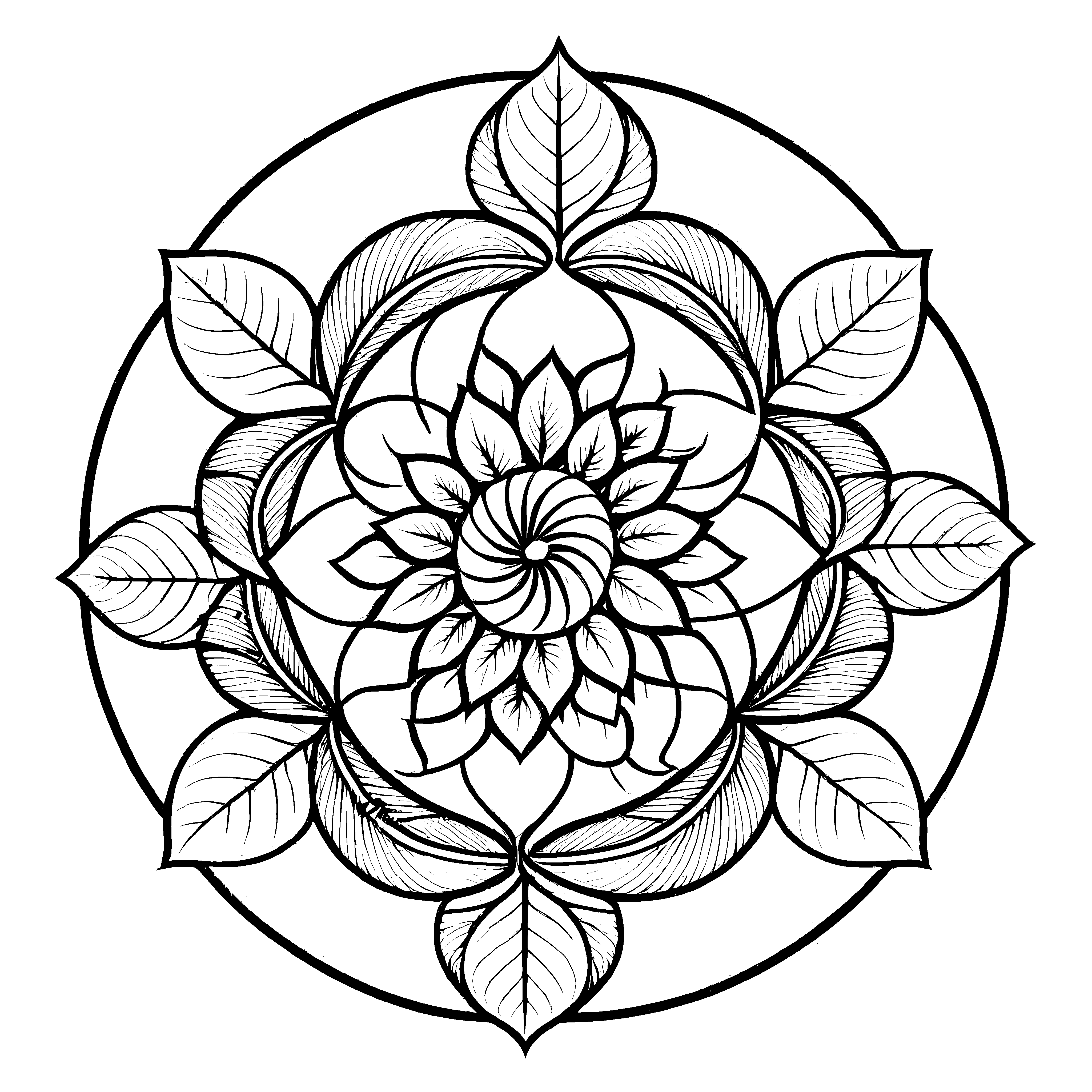 Fantasievolles Mandala-Mix mit filigranen Blattmustern Ausmalvorlage für neugierige Künstlerherzen