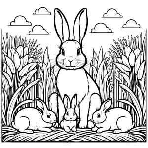 Charmante Häschenfamilie im hohen Gras Ausmalbild für neugierige Naturentdecker