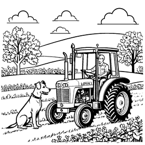 Großer Hofhund wartet neben dem Traktor Ausmalbild für neugierige Tierfreunde