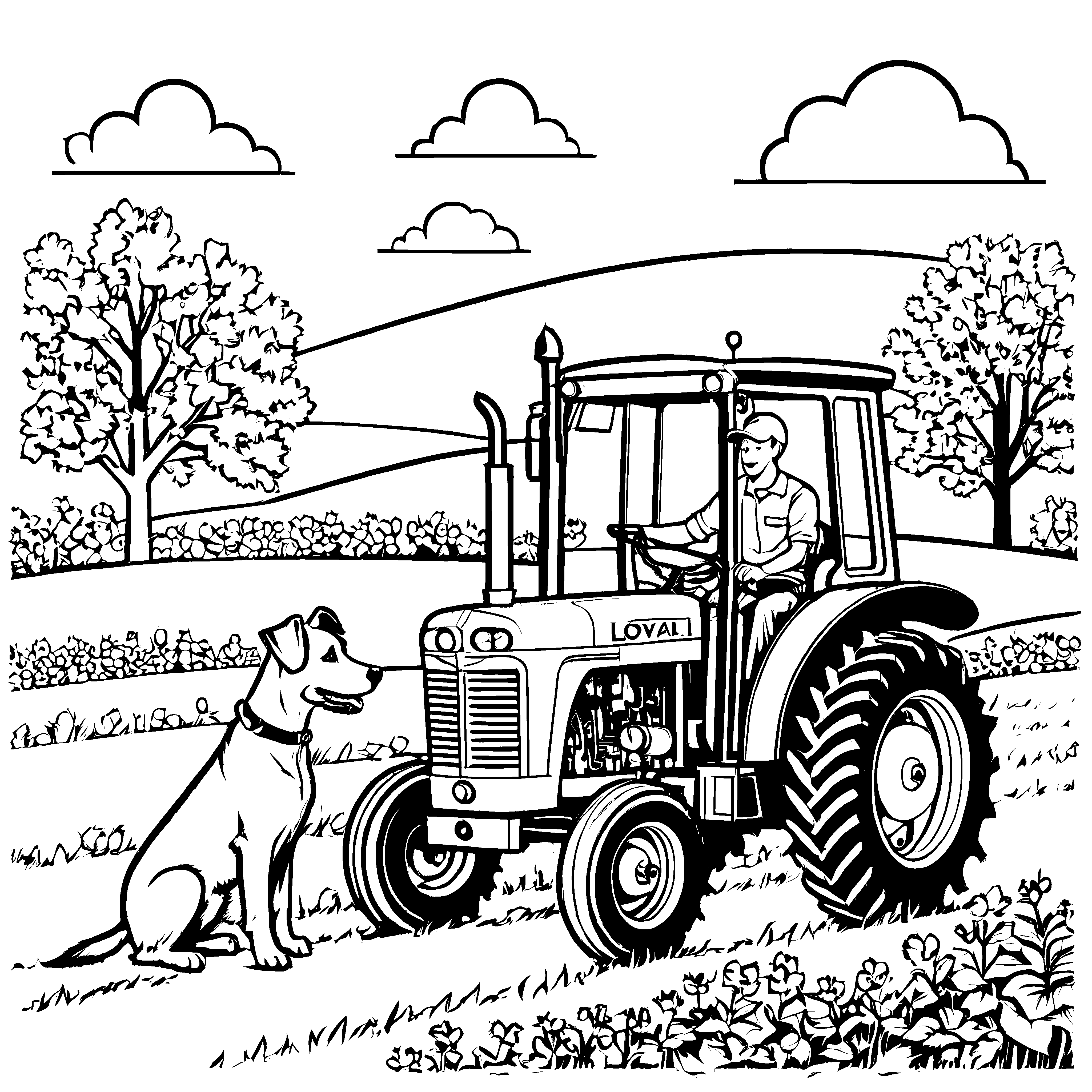 Großer Hofhund wartet neben dem Traktor Ausmalbild für neugierige Tierfreunde