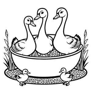 Drei muntere Enten im bunten Schüsselchen Ausmalvorlage für kleine Wasserabenteurer