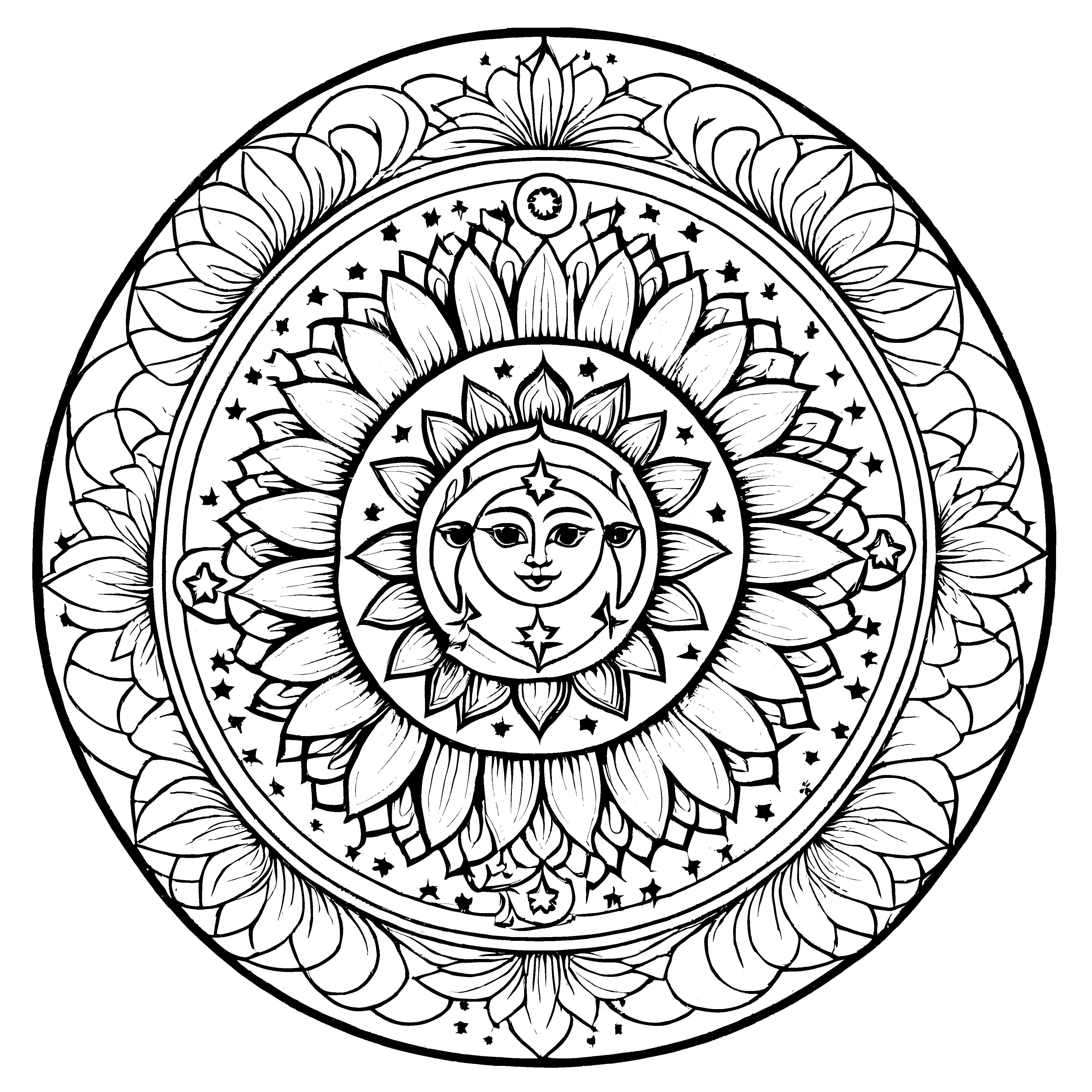Fesselndes Mandala Mix mit strahlendem Sonnenmuster Malvorlage für neugierige Künstler auf Farbenreise