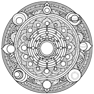 Bezauberndes Mandala Mix mit planetarischen Formen Ausmalmotiv für fantasievolle Entdecker auf kosmischer Farbenfahrt