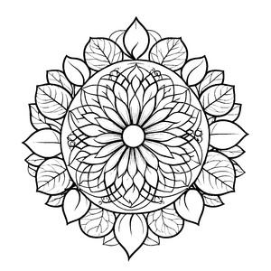 Magisches Mandala Mix mit verzweigten Blättern Ausmalbild für neugierige Farbzauberer auf fantastischer Entdeckungsreise