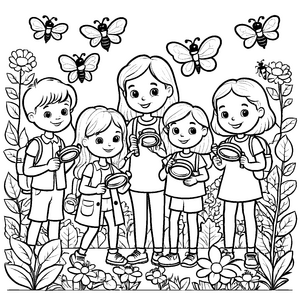Entdeckungsfreudige Kindergruppe mit bunten Schmetterlingen Malvorlage für kleine Naturforscher