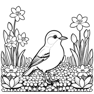 Lebhafter Vogel auf Kiesbett mit Blumen Malvorlage für junge Naturforscher und Tierliebhaber