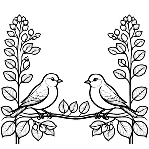 Zwei freundliche Vögel auf einem Ast Ausmalbild für kleine Naturforscher