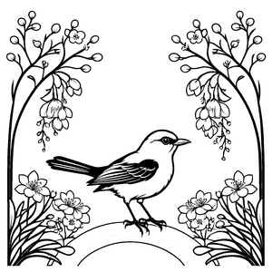 Fröhlicher Vogel auf einer blühenden Bank Ausmalvorlage für junge Naturforscher