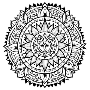 Strahlendes Mandala Mix mit lichtvollem Sonnenmotiv Ausmalbild für kleine Farbzauberer auf fantastischer Entdeckungsreise