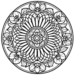Mystisches Mandala Mix mit blumigen Petalen Ausmalvorlage für fantasievolle Entdecker auf kreativer Farbexpedition