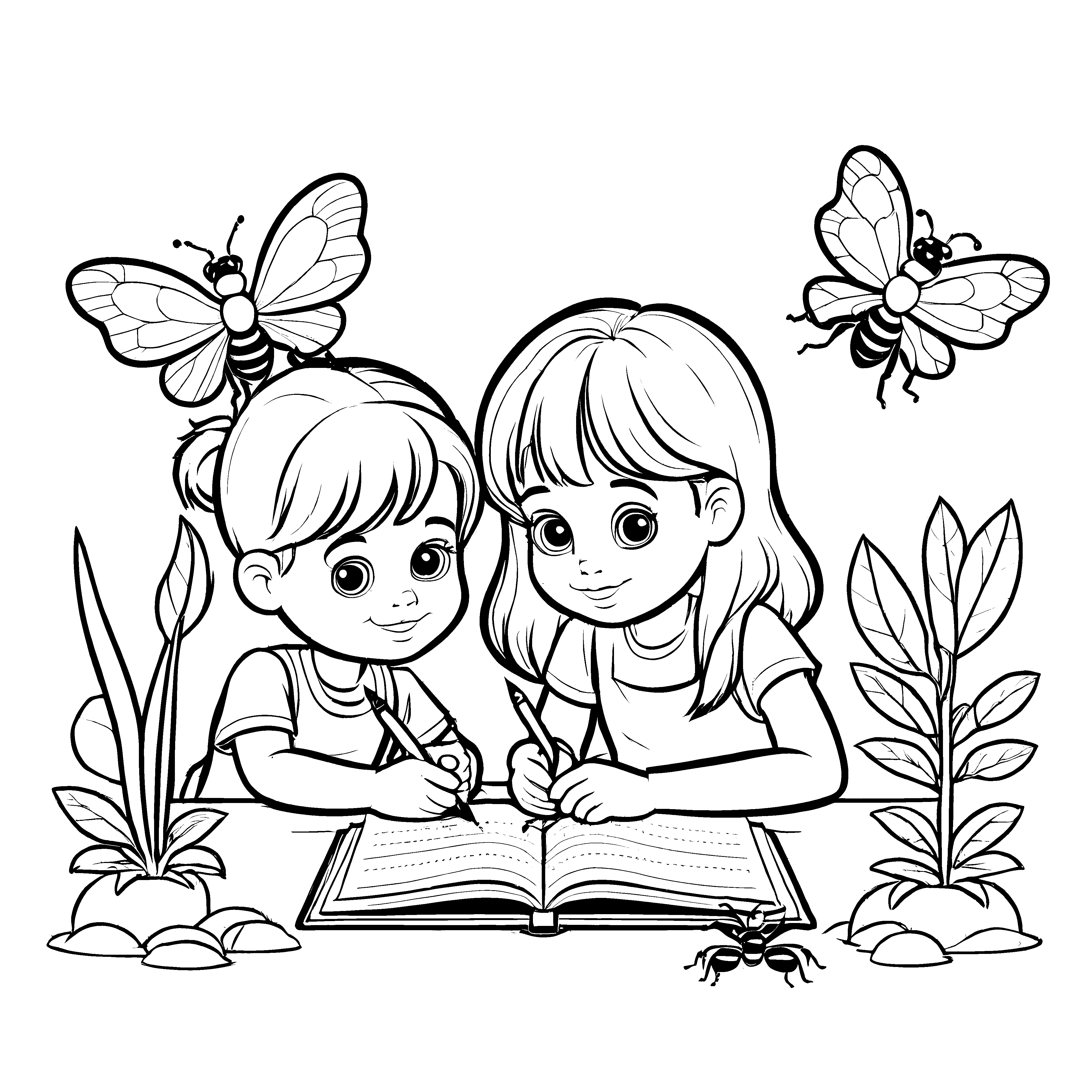 Zwei fantasievolle Mädchen mit einem bunten Buch und Schmetterlingen Ausmalbild für neugierige Entdeckerinnen