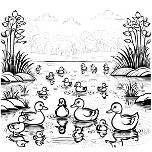 Schwimmende Gruppe von acht vergnügten Küken im Teich Malvorlage für kleine Wasserzauberer