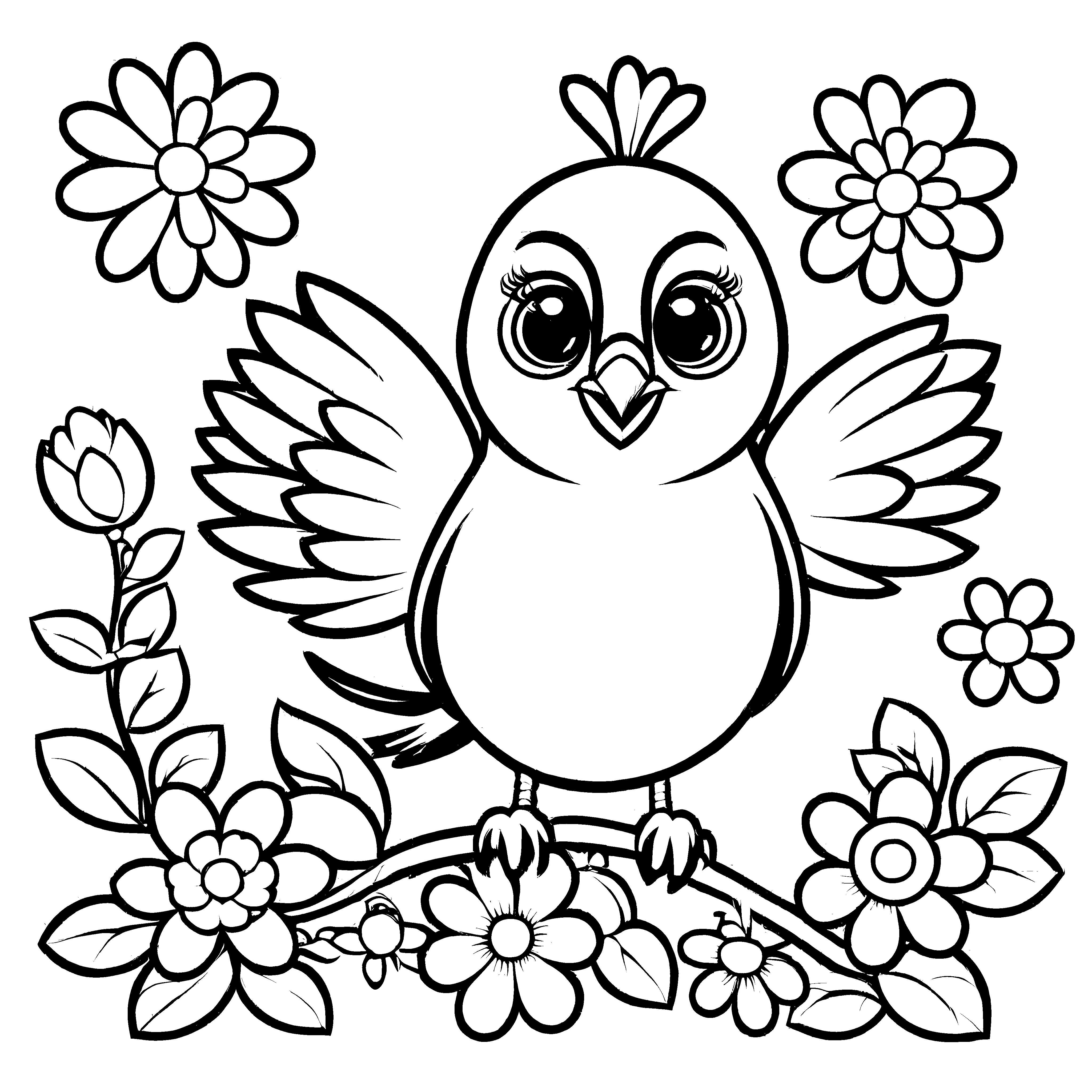Bunter Vogel auf verzweifeltem Blütenzweig Ausmalvorlage für fröhliche Entdeckerherzen