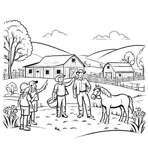 Bäuerliche Familie mit Pferd und Cowboyhut Ausmalbild für kleine Entdecker mit Abenteuergeist