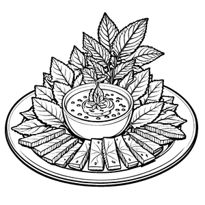Kunstvolles Shiso-Blatt auf dekorativer Platte Malvorlage für fantasievolle Küchenkünstler