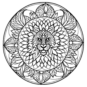 Bezauberndes Mandala Mix mit majestätischem Löwen und Rädern Ausmalmotiv für fantasievolle Künstler auf magischer Entdeckungsreise