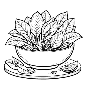 Fröhliche Schüssel mit Amaranth-Blättern und Zitrusfrüchten Ausmalbild für kleine Naturforscher